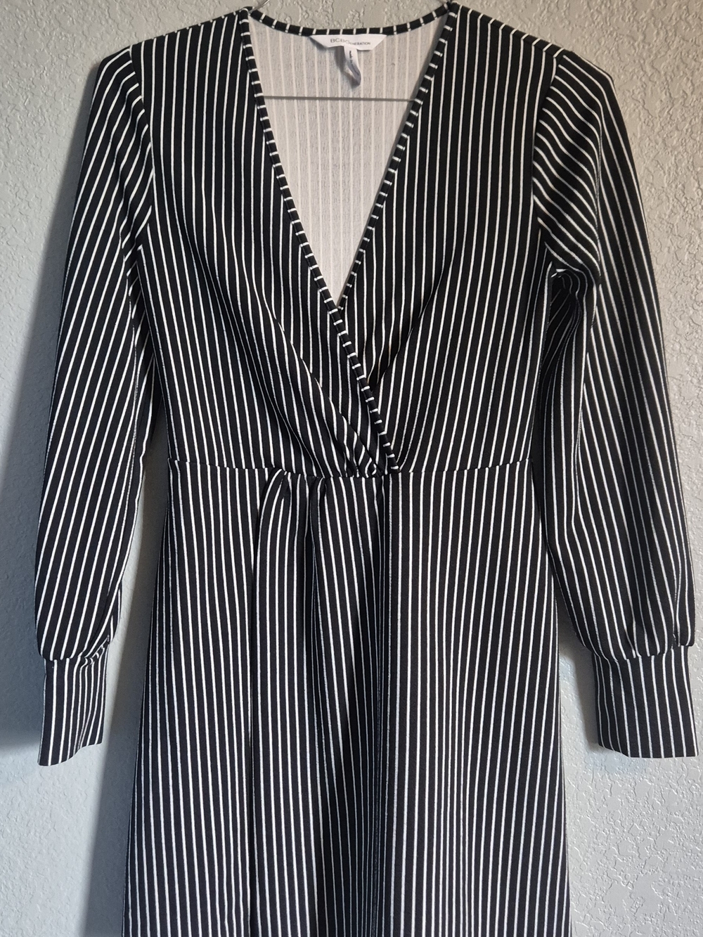 BCBGeneration Black and White Vertical Stripe Long Sleeve Wrap Dress